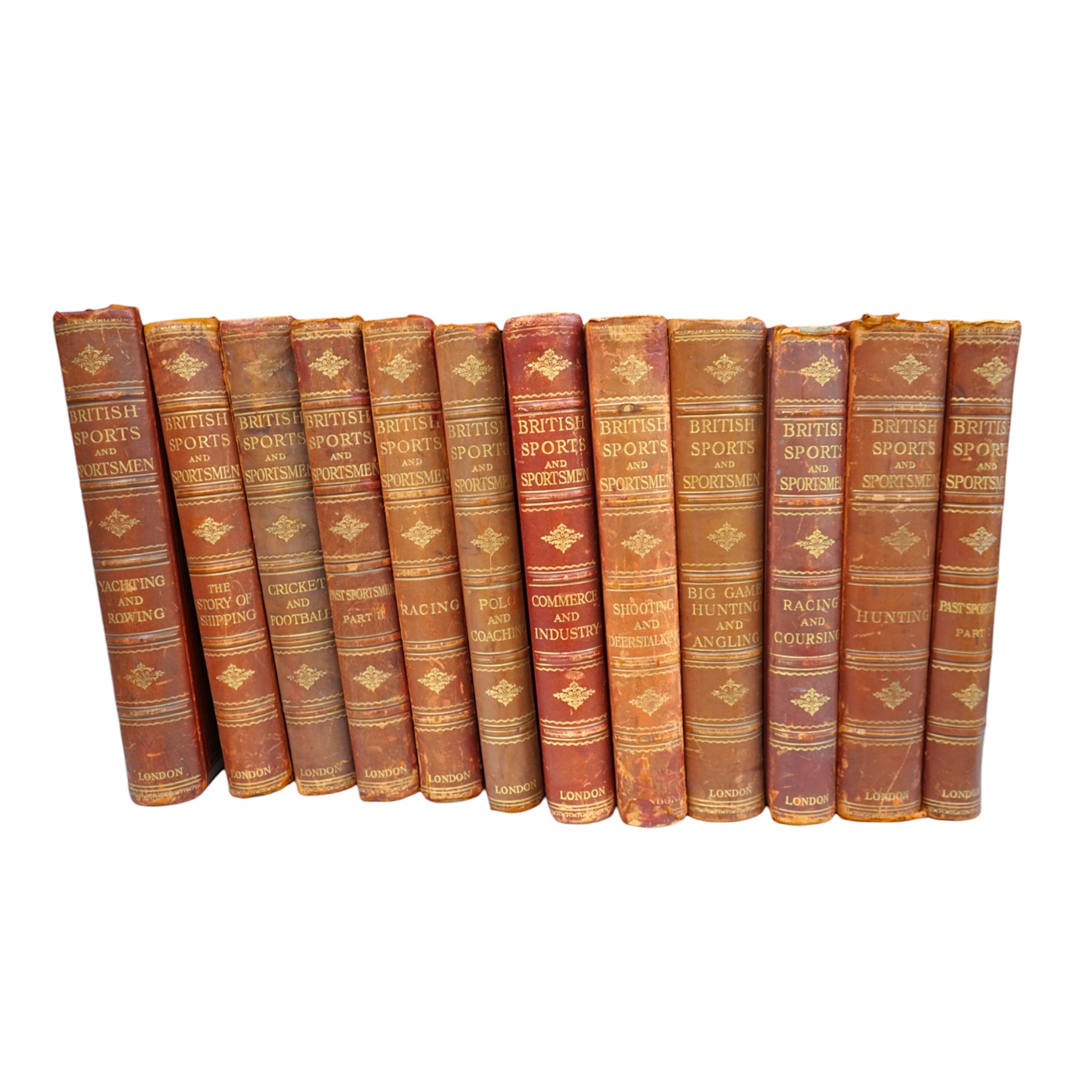 British Sports and Sportsmen. 12 vols., including Shooting and Deerstalking; Polo and Coaching; Yachting and Rowing; Racing. with photogravure portaits and other num. illus. for each vol.; publisher's gilt red morocco, g